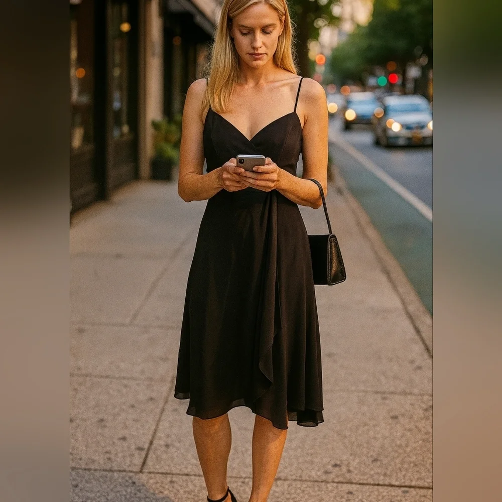 Black Asymmetrical Dress. Satin Waist. Flowy Hem. Size 8. Spaghetti Staps - Picture 3 of 7